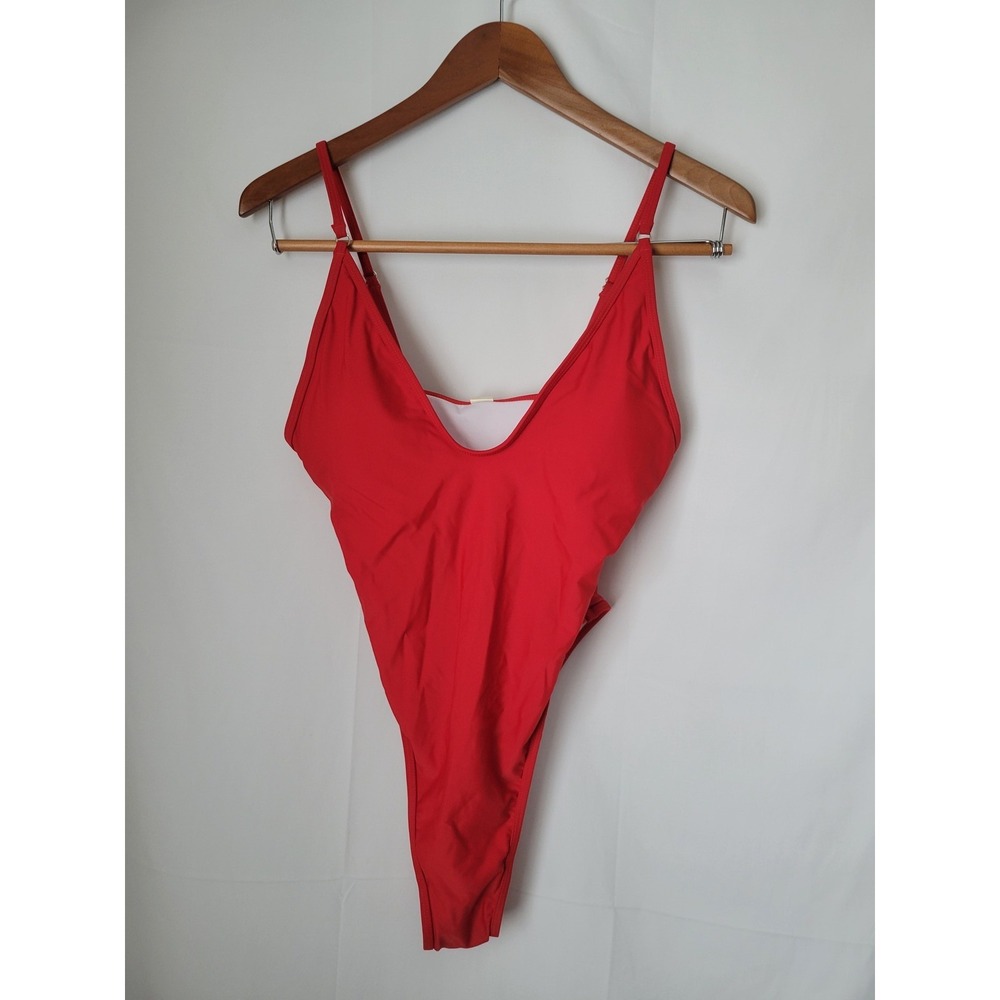 SHEKINI Women's Red High Cut One Piece Swimsuit‎ V-Neck Adjustable Straps Size L